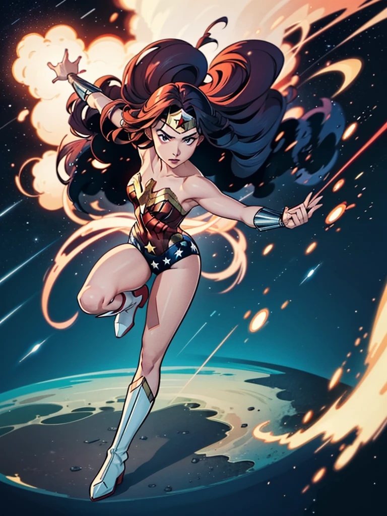 1girl, wonder woman, leotard, bare legs, boots, gloves, space, solo, single, spread arms, standing, (spinning) like a (tornado), light particles, sparkling, super speed, solo, single, speed lines
