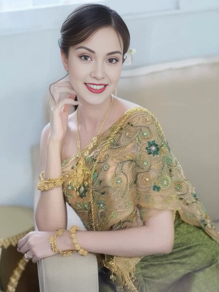 arafed woman in a traditional thai costume standing next to a table, Sukhothai dress, traditional beauty, traditional dress, Wear elegant clothes, According to Thawan Duchanee&#39;s style, Southeast Asia that has existed for a long time, traditional clothes, traditional tai costume, Wear luxurious clothes, traditional, Wear a luxurious tribal outfit., traditional clothing, Covered with purple and gold silk., 8K, 45,000,000 pixcls,