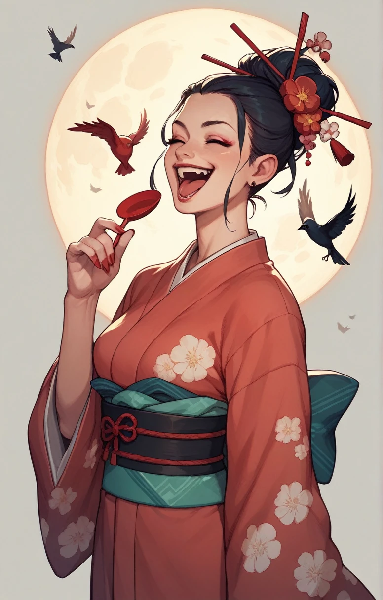 Devil Girl　kimono　On the moon　Laughing with your mouth closed　With the birds