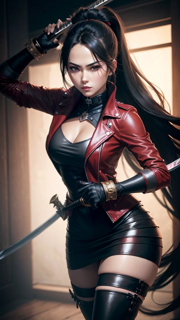 a woman holding a sword in a dark room, 2. 5 d cgi anime fantasy artwork, holding a black katana, stuning fantasy 3 d render, holding katana, unreal engine character art, unsheathing her katana, she is holding a katana sword, yasuke 5 0 0 px models, dramatic wielding katana pose, holding a katana, background color smoked, Red leather jacket. Big thighs.
