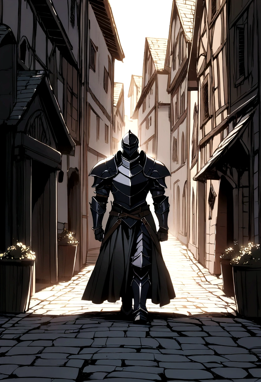 Black knight walking in armored armor. The knight has broad shoulders and walks forward on an empty street in a medieval city.