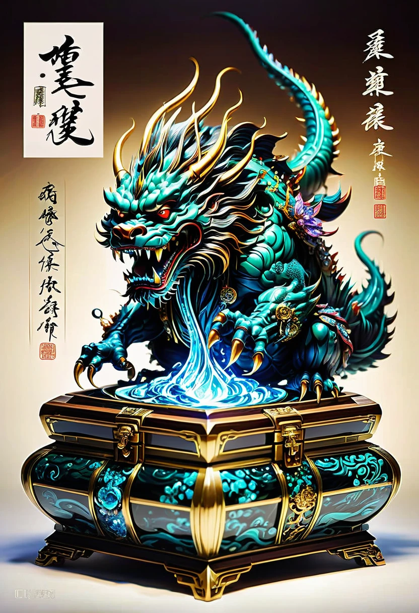 Mimic Treasure Box Monster. Scattered jewelry, by Qi Baishi and Chen Longque and Chen Dingbo, best quality, masterpiece, very aesthetic, perfect composition, intricate details, ultra-detailed