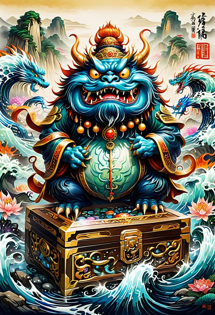 Mimic Treasure Box Monster. Scattered jewelry, by Qi Baishi and Chen Longque and Chen Dingbo, best quality, masterpiece, very aesthetic, perfect composition, intricate details, ultra-detailed