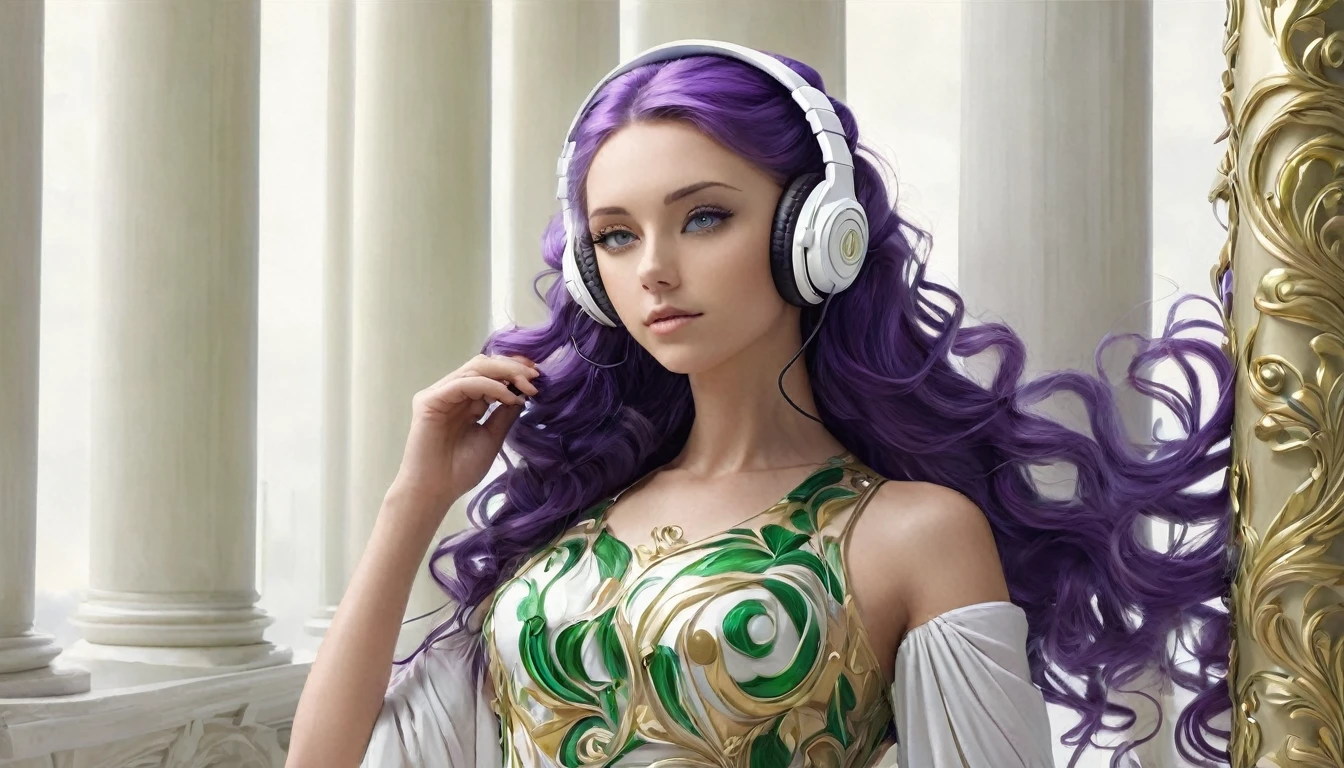 beautfull woman, age 25, greeneyes, Full-body image, with headphones from ear, small, , listening to music, LONG PURPLE HAIR, naturey, forst, IVORY HOUSE WITH GOLD, IVORY COLUMN WITH GOLD, YouTube symbol