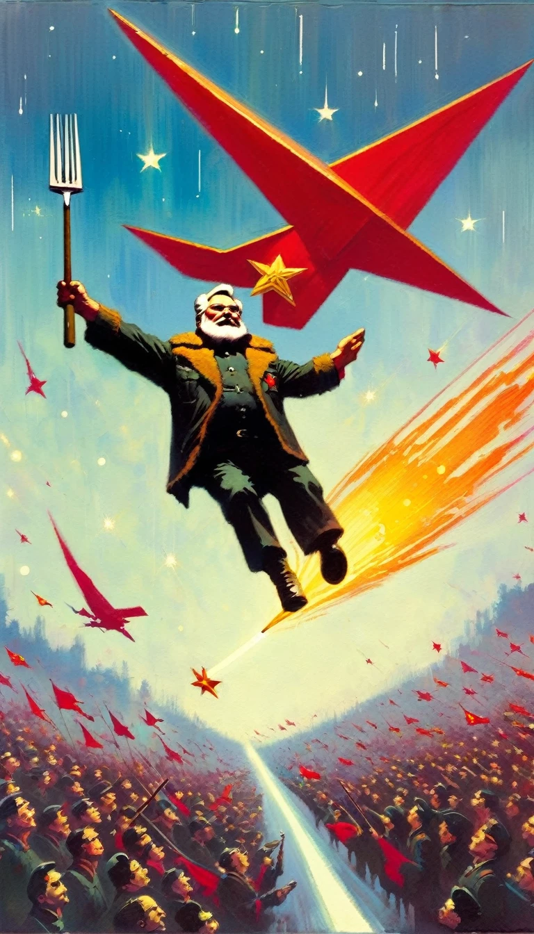 flying pitchfork, communist star (art inspired in Skottie Young and Bill Sienkiewicz). oil painting)
