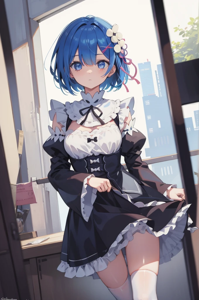 rezeroREM sleep, REM sleep, Blue eyes, blue hair, hair ornament, hair over one eye, hair tape, short hair, x hair ornament,
BREAK apron, black tape, black skirt, black sleeves, separate collar, cut off sleeves, flower, frilled apron, frilled skirt, frill, Wreath on the head, long sleeves, maid, miniskirt, neck tape, purple tape, tape, tape trim, tape-trimmed sleeves, roswaal mansion maid uniform, short hair, skirt, thigh high, waist apron, white apron, white thigh high,
BREAK outdoors, city,
BREAK looking at viewer, 
BREAK (masterpiece:1.2), Best quality, A high resolution, unity 8k wallpaper, (illustration:0.8), (beautiful detailed eyes:1.6), extREM sleepely detailed face, perfect lighting, extREM sleepely detailed CG, (perfect hands, Ideal Anatomy),