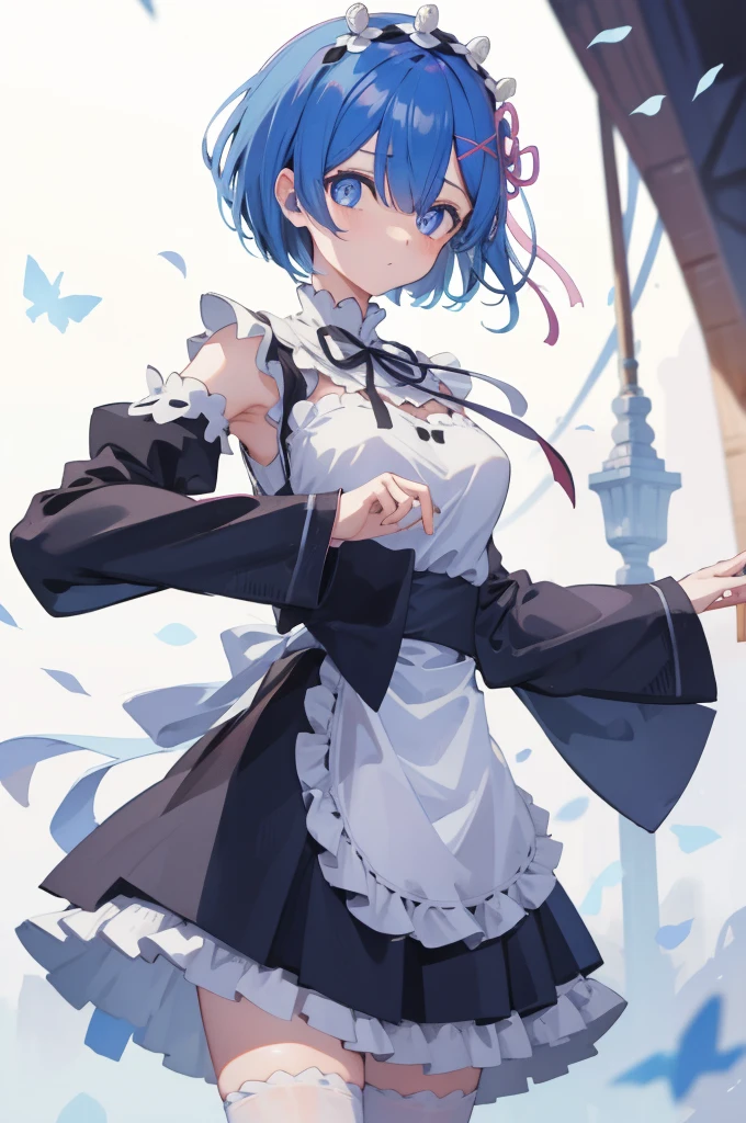 rezeroREM sleep, REM sleep, Blue eyes, blue hair, hair ornament, hair over one eye, hair tape, short hair, x hair ornament,
BREAK apron, black tape, black skirt, black sleeves, separate collar, cut off sleeves, flower, frilled apron, frilled skirt, frill, Wreath on the head, long sleeves, maid, miniskirt, neck tape, purple tape, tape, tape trim, tape-trimmed sleeves, roswaal mansion maid uniform, short hair, skirt, thigh high, waist apron, white apron, white thigh high,
BREAK outdoors, city,
BREAK looking at viewer,
BREAK (masterpiece:1.2), Best quality, A high resolution, unity 8k wallpaper, (illustration:0.8), (beautiful detailed eyes:1.6), extREM sleepely detailed face, perfect lighting, extREM sleepely detailed CG, (perfect hands, Ideal Anatomy),