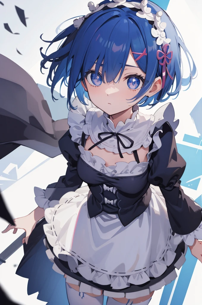 Rem from Re:zero, maid outfit , full body, standing straight, serious look, white background, resting position, expression would be, from the waist up, visual novel pose