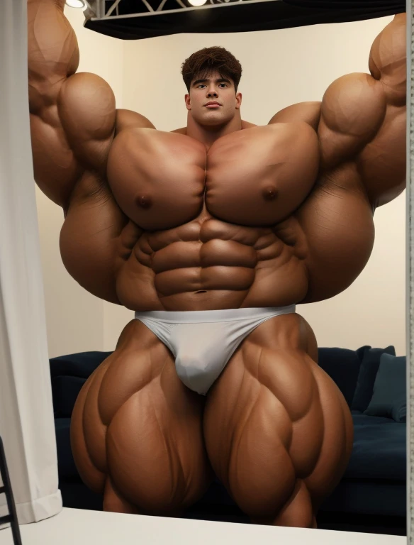 1boy, giant, bodybuilding pose, stand, illuminating light, strong body, bulk, large size, staring, armpit, in the white photo studio room, nude, white triangular underwear, prominent bulge, extraordinary big, brutalmass, giant, muscular body, bulk, buff, massive body, large meaty body size