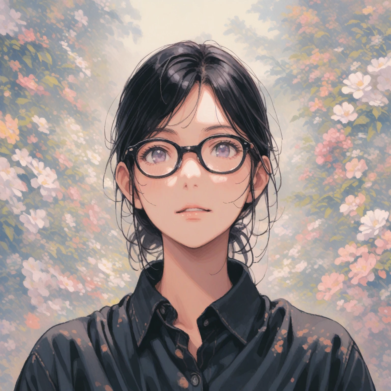 A woman wearing a black shirt and glasses is posing for a photo、Anime illustration、tegaki