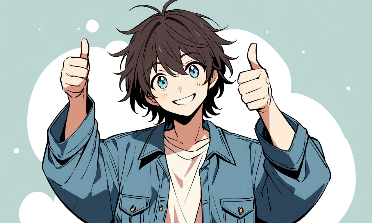 Create an anime-style illustration of a boy with short, slightly messy dark hair. He should be wearing an oversized blue denim jacket. The boy's expression should be one of happiness, with a big smile and his hands giving a thumbs-up. The background should be a plain, light grayish-blue color to keep the focus on the character. Ensure the drawing has a clean, detailed, and slightly pastel color palette to match the aesthetic of modern anime illustrations.