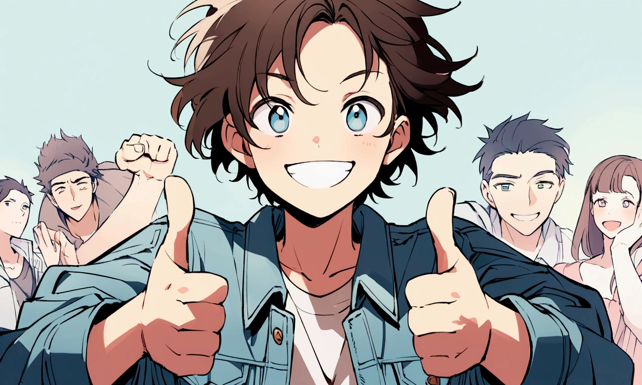 Create an anime-style illustration of a boy with short, slightly messy dark hair. He should be wearing an oversized blue denim jacket. The boy's expression should be one of happiness, with a big smile and his hands giving a thumbs-up. The background should be a plain, light grayish-blue color to keep the focus on the character. Ensure the drawing has a clean, detailed, and slightly pastel color palette to match the aesthetic of modern anime illustrations.