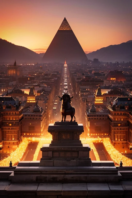 Brazen bull on top of a primitive totalitarian temple, huge copper calf, totalitarian aesthetics, pagan pyramid, the masses pray to the idol, pray to a huge copper calf