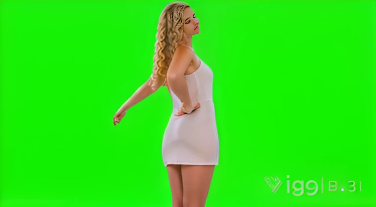 wide shot, (((3/4 left side view))))) of a full body side view view profile portrait photo of a 25 y.o. beautiful european woman wearing (((white short summer dress ))),(((Long ((blonde curly hair)))),fit slim body, ((pale skin)), detailed long hair blown in the wind,(((she stands slightly splayed, outstreched arms down in 3/4 side view))), full body photo, ((((standing in open "A" positure,))) (((back view))))), wearing white short summer dress, skinny fit body, nice legs, studio photo,studio lighting, GREEN BACKGROUND,Full body portrait, lifelike texture, dynamic composition, high contrast, real human skin, (skin pores: 0.8), real human hands, detailed hair, studio photo, fashion photo, !!!!not !!!, not nsfw, neutral colors, natural lights, realistic textures, photorealistic, hyperrealistic, confident expression, determined, dramatic, ultra-high res, 8k uhd, dslr, analRAW, high quality, film grain, photogrphed on Nikon, Fujifilm XT3, 85mm F1.2, 1/80 shutter speed,