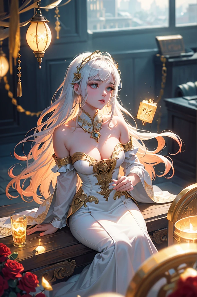 (Masterpiece:1.2), best quality, (illustration:1.2), ornate decorations,(Masterfully crafted Glow, lens flare), (ultra-detailed), hyper details, (delicate detailed), (intricate details), (cinematic light, best quality Backlights),(bioluminescent hair), (glowing eyes), (Dynamic:1.2), ((makeup)), absolutely eye-catching, prehistoric,((colourful paint splashes on background, dulux,)), ((caustic)), dynamic angle, (Captivating),(Intricately Detailed Cinematic :1.1), ambient occlusion, ambient light, ray-traced reflections,(best illumination, an extremely delicate and beautiful), ((cinematic light)), colourful, powerful, (Cinematic masterpiece),big dreamy eyes, perfect proportions, perfectly drawn face, white hair, chains, comfortable, Intense, day, Golden sky, Inticing, illustration, yellow eyes, red roses, chains, splashes of colour, smooth soft skin, Golden Hour, atmospheric, Park, Fields, Bullets, Breath-taking, ambient light coming from sky, soft warm glow coming from chains, god rays, halo, beautiful intricate coloured hair, symmetrical, soft lighting, , concept art, digital painting, looking into scenery, realistic reflections, tracers everywhere