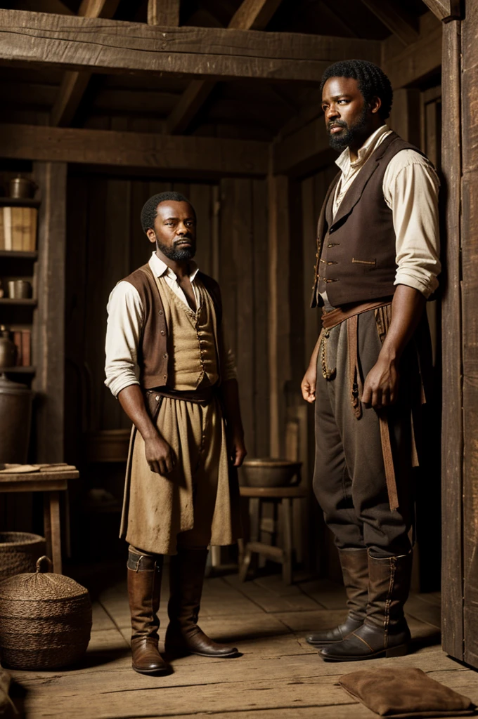 Create a Scene of a Slave and Master:

• A humble slave standing before his stern master in a rustic, historical setting.

• The master holding a coin purse, with a thoughtful expression on his face.