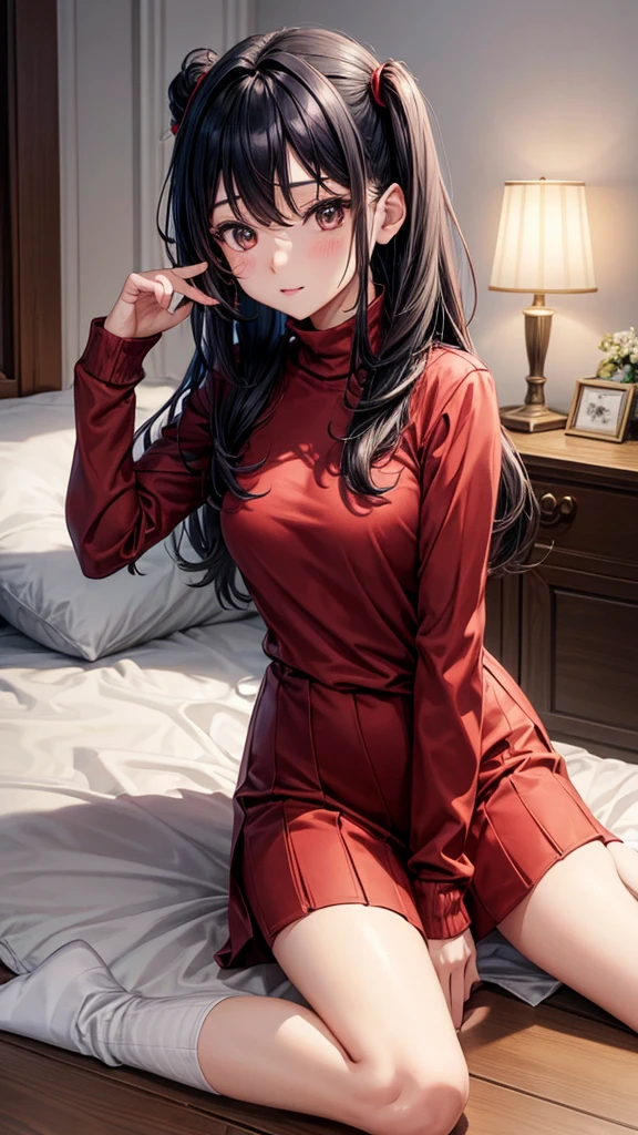 Shira is a character from the manhwa hero ticket, character hero tickets, muka asli shira,duduk di kasur dengan pose menggoda ,menggunakan turtleneck rajut panjang,