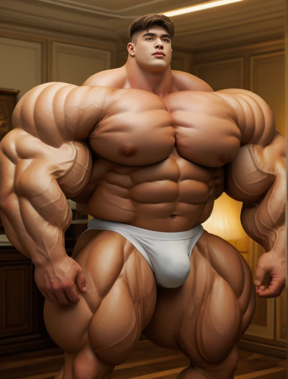 1boy, giant, bodybuilding pose, stand, illuminating light, strong body, bulk, large size, staring, fully-exposed, in the white photo studio room, nude, white triangular underwear, prominent bulge, extraordinary big, brutalmass, giant, muscular body, bulk, buff, massive body, large meaty body size