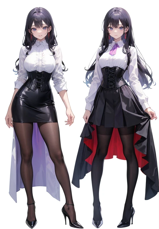 Purple super long Hair,Adult female,(suit),White Y-shirt,((Rolling up his sleeves)),(corset),(Black tight skirt),(High heels),Heels are visible,((Simple white background)),smile,((whole body)),((full body)),