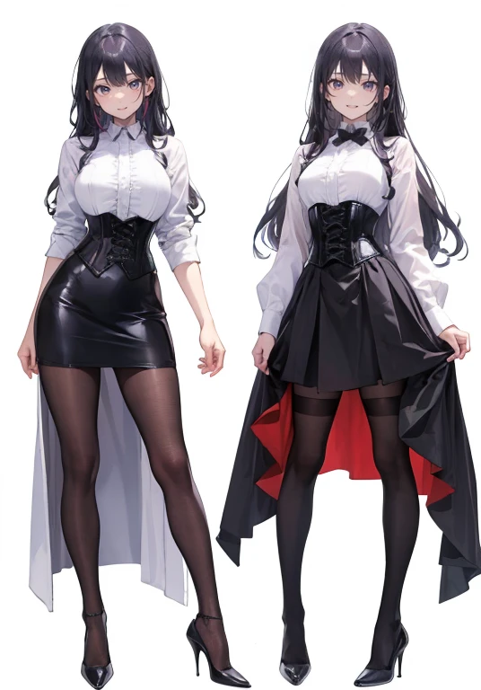 Purple super long Hair,Adult female,(suit),White Y-shirt,((Rolling up his sleeves)),(corset),(Black tight skirt),(High heels),Heels are visible,((Simple white background)),smile,((whole body)),((full body)),