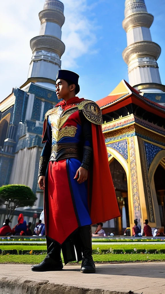 Photorealistic images of Indonesia's Acehnese superheroes, their sleek, Renaissance-inspired costumes, decorated with intricate traditional Acehnese patterns, look majestic against the backdrop of Aceh's Grand Mosque.  The superhero surveys the bustling city of Aceh, his powerful wings shadowing the iconic buildings