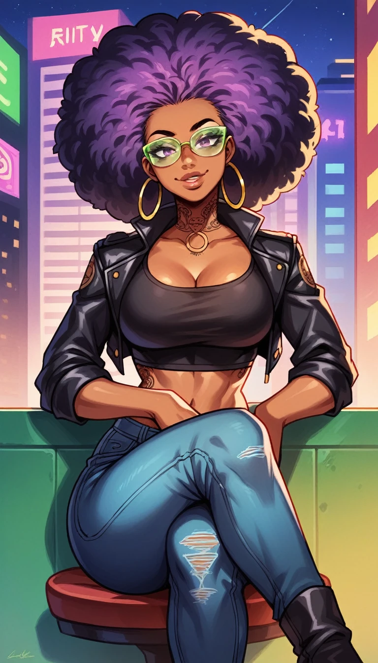 beautyful strong african woman, huge full afro purple hair, black jacket, black cropped, hoop earring, green aviator glasses, blackchocker, dragon tattoo whole body, night, purple lights, black jeans, full lips, city, closeup, naughty smile, closed lips, sit, crossed legs, facing