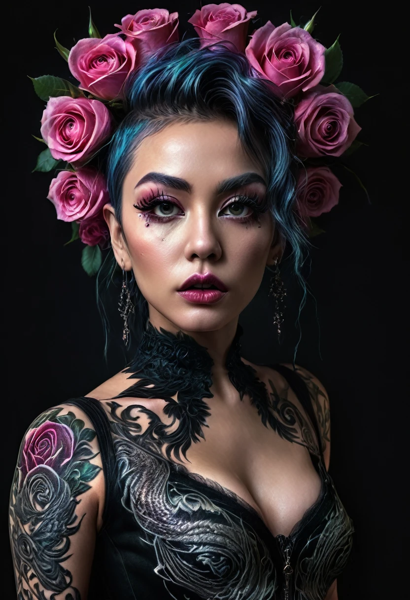 (best quality, 4k, 8K, high resolution, masterpiece: 1.2), ultra detailed: 1.4, back of a beautiful punk woman with a black dragon tattoo with roses, perfect body, mohawk hair:1,3 (photorealistic , intricate details: 1.37), highly detailed face, extremely detailed facial features, hyper-realistic skin texture, detailed skin texture, masterpiece, 8k, beautiful detailed eyes, beautiful detailed lips, extremely detailed face, long eyelashes, realistic, extremely details fine, photorealistic, dramatic lighting, moody lighting, cinematic lighting, physically based rendering, vivid colors, dramatic lighting, intricate details, cinematic composition, gothic fashion, dramatic pose