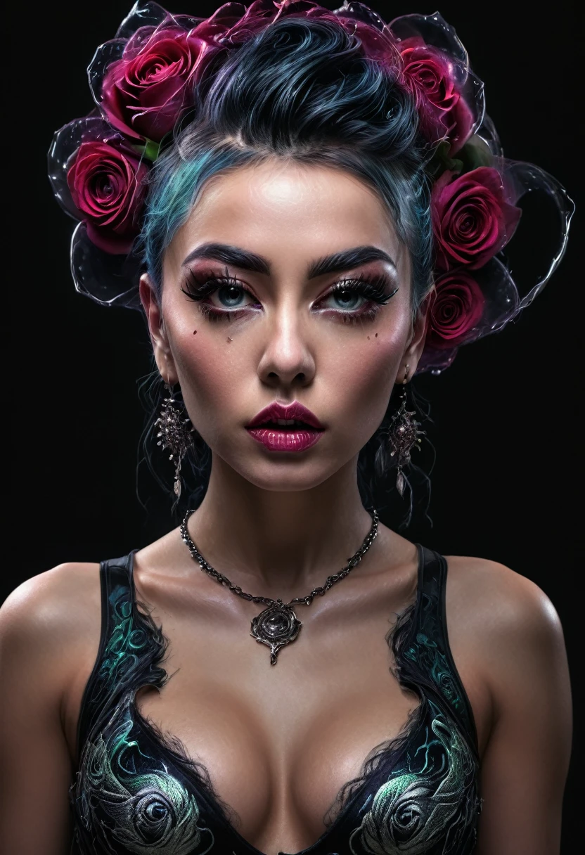 (best quality, 4k, 8K, high resolution, masterpiece: 1.2), ultra detailed: 1.4, back of a beautiful punk woman with a black dragon tattoo with roses, perfect body, mohawk hair:1,3 (photorealistic , intricate details: 1.37), highly detailed face, extremely detailed facial features, hyper-realistic skin texture, detailed skin texture, masterpiece, 8k, beautiful detailed eyes, beautiful detailed lips, extremely detailed face, long eyelashes, realistic, extremely details fine, photorealistic, dramatic lighting, moody lighting, cinematic lighting, physically based rendering, vivid colors, dramatic lighting, intricate details, cinematic composition, gothic fashion, dramatic pose