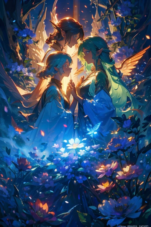 (((Wood elves floating above the forest, Tearing flowers in the forest ))) green hair, body, Radial glow, white fern flowers, Optical, Panoramic lighting, atmospheric perspective, dawn, Smoothing: 5D, Light painting, Color, beautiful countenance, clear facial features, symmetrical transparent wings, impressive detail