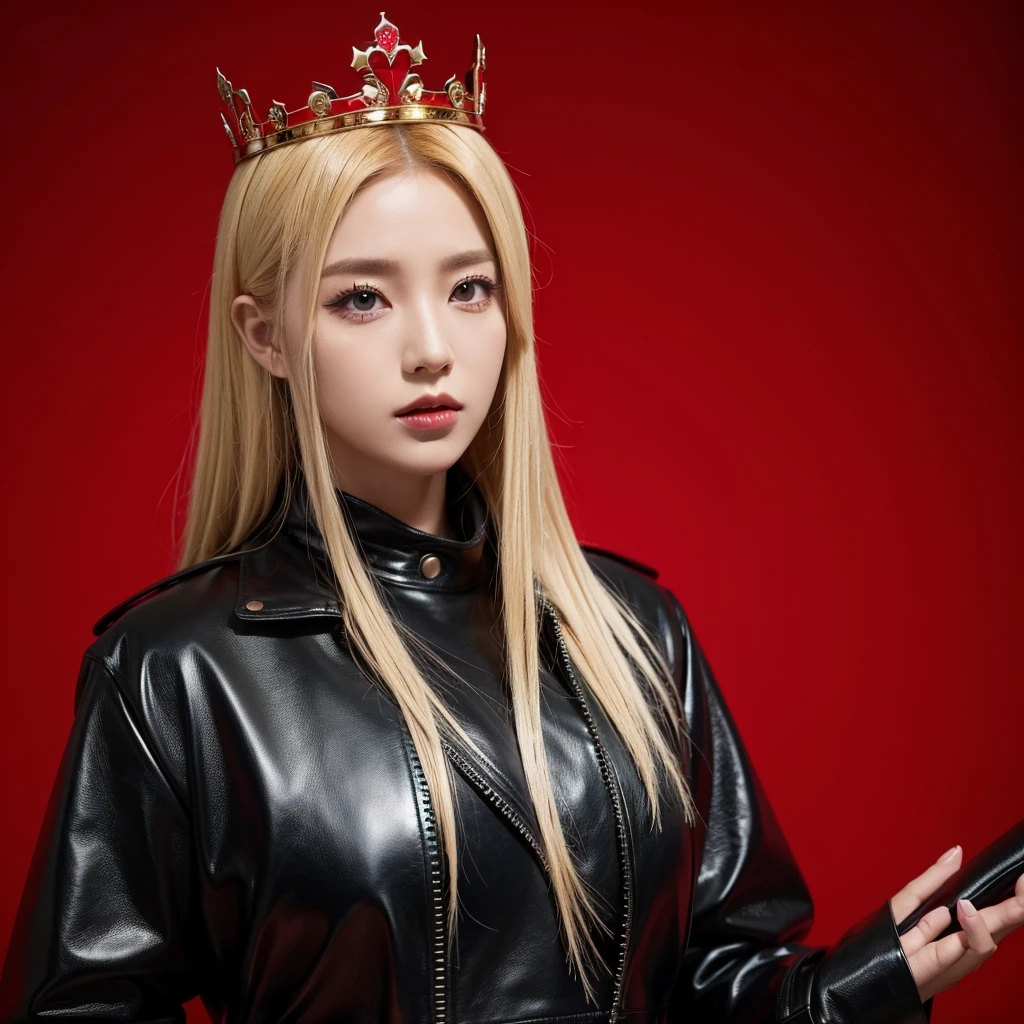 Kpop idol concept picture for dark concept. Blonde hair, red and black leather outfit, black crown. Red background.