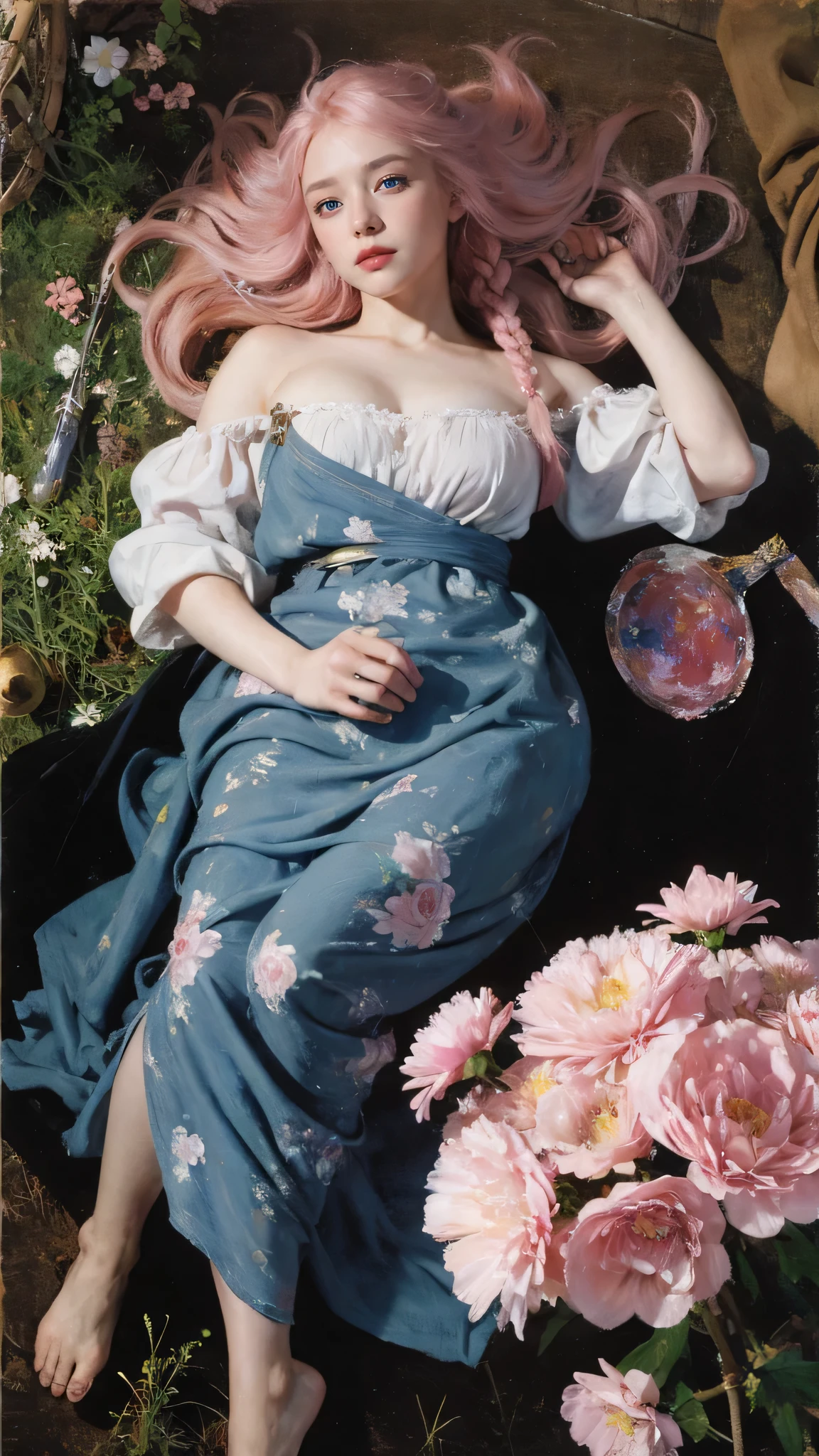 (oil painting:1.5),
\\
a woman with (single braid pink hair), ((blue eyes)) and Pink Carnation flowers in her hair is laying down in a field of Pink Carnation flowers, (amy sol:0.248), (stanley artgerm lau:0.106), (a detailed painting:0.353), (gothic art:0.106)