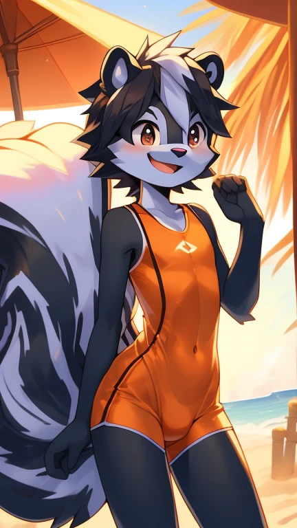 Best quality, Super detailed illustration, Warm colors, perfect lighting, (Fluffy skunk boy:1.6), disheveled thick hair, short shorts, one-piece swimsuit, beach summer heat ,smug smile, happy drunk mood , a femboy, slim, Perfect body,