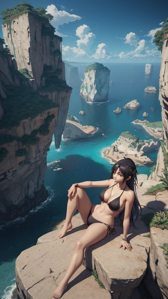 a woman in a bikini laying on top of a cliff, cgsociety 9, 2. 5 d cgi anime fantasy artwork, unreal engine render + a goddess, full body cgsociety, artgerm ; 3d unreal engine, giantess art, hyperdetailed 3 d matte painting, hyperdetailed 3d matte painting, realistic fantasy artwork, realistic anime 3 d style