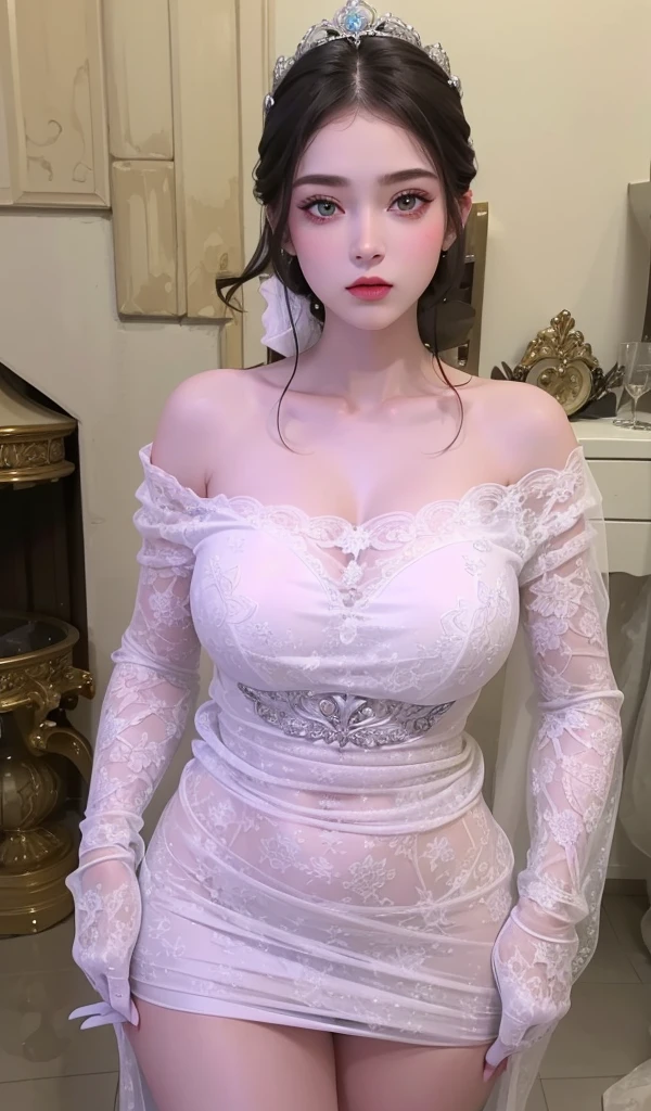 Royal sisters，Exquisite eyes，Frozen queen，Put the crown on your head，Detailed facial expressions body，tall and big，Glamorous characters，Leg length，4K，HD，Sensual，White translucent lace，白皙Full figure，Little cherry mouth，Beautiful and lovely，Full figure，Glossy Gel Coat，Vampire Queen in luxurious gown，Have a tattoo(Intricate tattoo designs)，Ice Princess，Rich facial details，16 Year Old Angel，Eyes are blue(Pupils as deep as the starry sky)，Gorgeous silk(Silky reflective)，White gloves