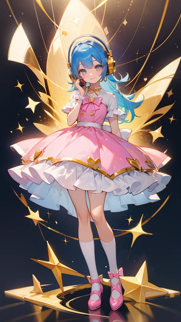 (FULL BODY), blue hair, gold eyes, smile, alone, 1 girl, looking at viewer, bow on dress, pink dress, white socks, necklace, bow tie, headphones, heart, gold shoes, glitter, starry background