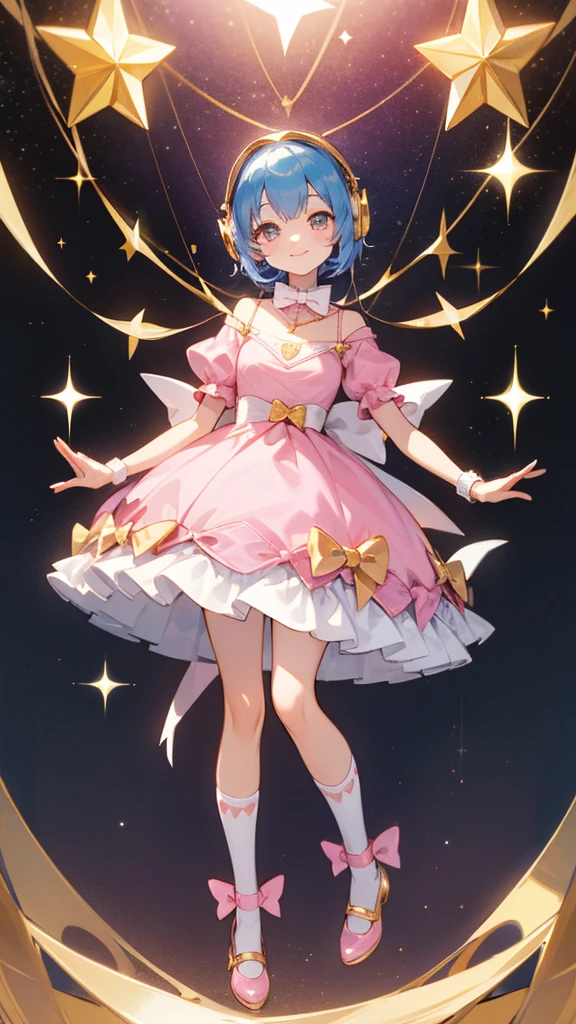 (FULL BODY), blue hair, gold eyes, smile, alone, 1 girl, looking at viewer, bow on dress, pink dress, white socks, necklace, bow tie, headphones, heart, gold shoes, glitter, starry background