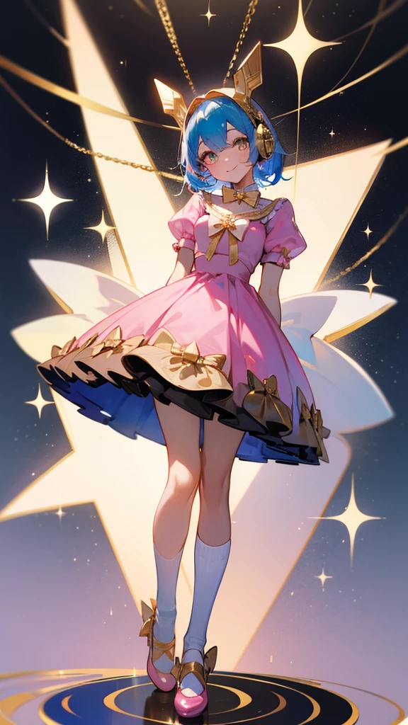 (FULL BODY), blue hair, gold eyes, smile, alone, 1 girl, looking at viewer, bow on dress, pink dress, white socks, necklace, bow tie, headphones, heart, gold shoes, glitter, starry background