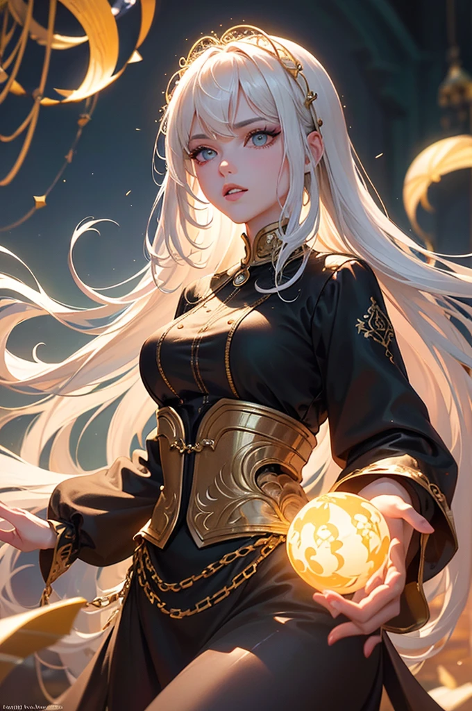 (Masterpiece:1.2), best quality, (illustration:1.2), ornate decorations,(Masterfully crafted Glow, lens flare), (ultra-detailed), hyper details, (delicate detailed), (intricate details), (cinematic light, best quality Backlights),(bioluminescent hair), (glowing eyes), (Dynamic:1.2), ((makeup)), absolutely eye-catching, prehistoric,((colourful paint splashes on background, dulux,)), ((caustic)), dynamic angle, (Captivating),(Intricately Detailed Cinematic :1.1), ambient occlusion, ambient light, ray-traced reflections,(best illumination, an extremely delicate and beautiful), ((cinematic light)), colourful, powerful, (Cinematic masterpiece),big dreamy eyes, perfect proportions, perfectly drawn face, white hair, chains, comfortable, Intense, day, Golden sky, Inticing, illustration, yellow eyes, red roses, chains, splashes of colour, smooth soft skin, Golden Hour, atmospheric, Park, Fields, Bullets, Breath-taking, ambient light coming from sky, soft warm glow coming from chains, god rays, halo, beautiful intricate coloured hair, symmetrical, soft lighting, , concept art, digital painting, looking into scenery, realistic reflections, tracers everywhere