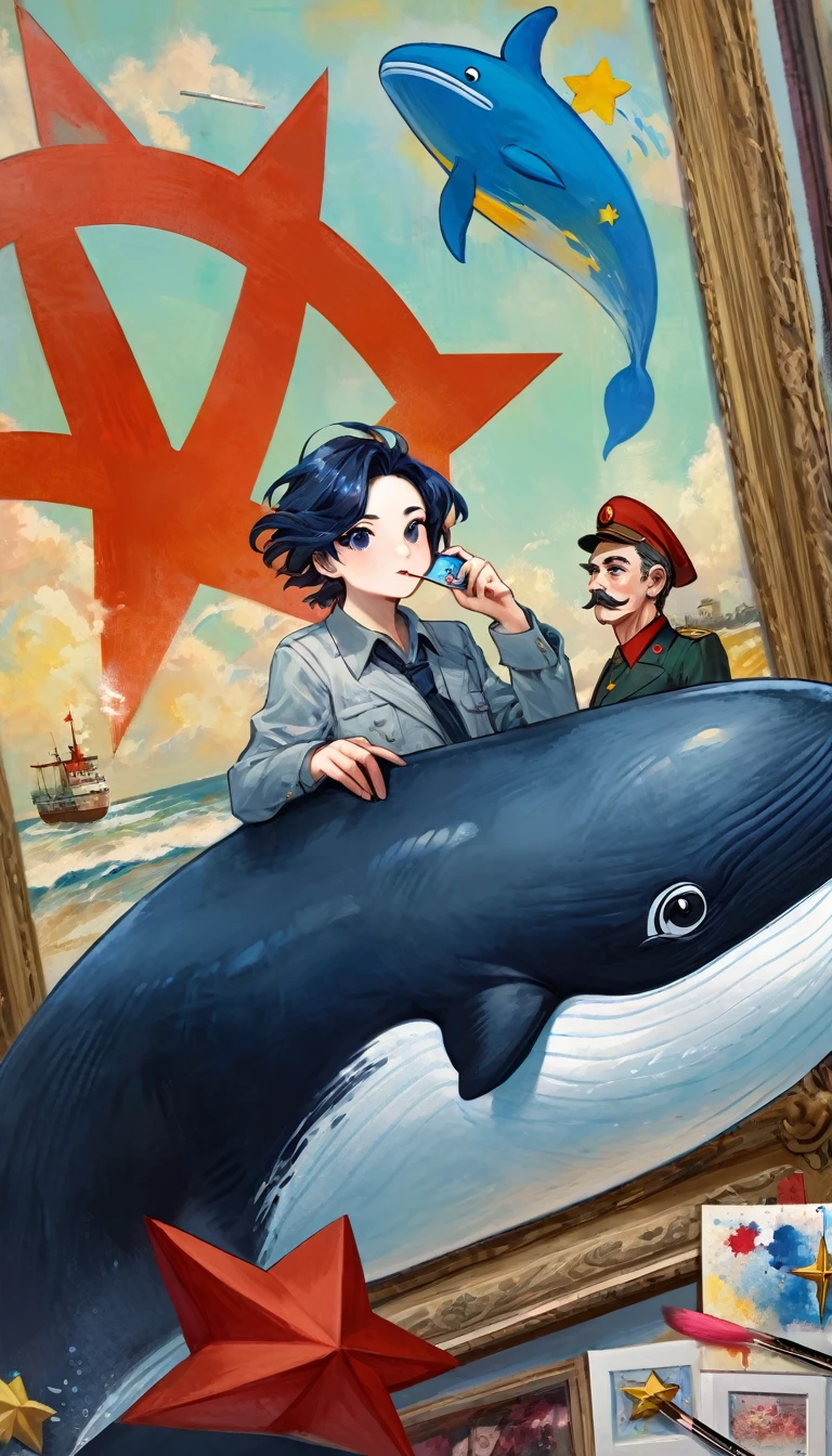 a drawing of an 1killer whale and a 1communist star, (art inspired in Skottie Young and Bill Sienkiewicz). oil painting)