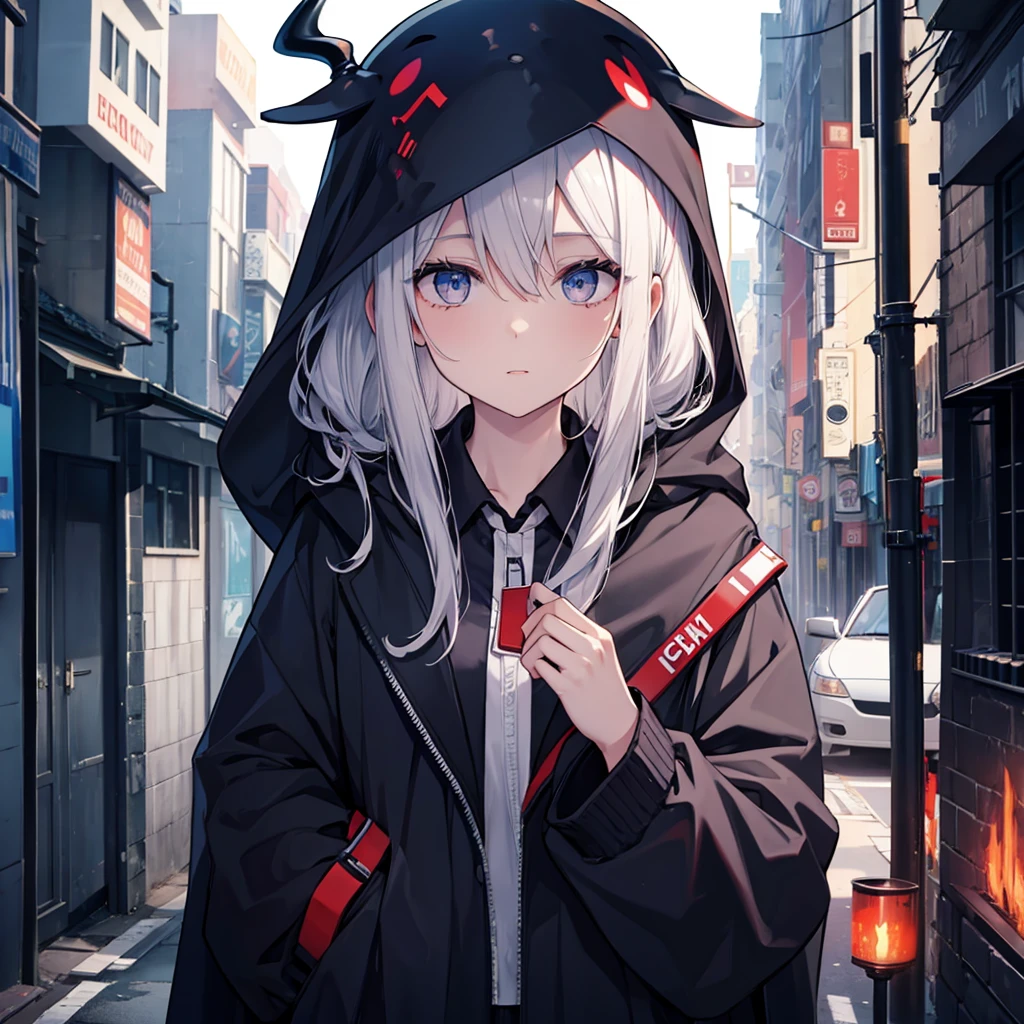 (((Grim Reaper&#39;s Scythe)))　(((Gray Hair　Short Hair　blue eyes　girl)))，((night　full moon　My own big wings))，(Wearing a hood　Black camisole　Purple light)，　A tense look　Shining Background　Shining Edge