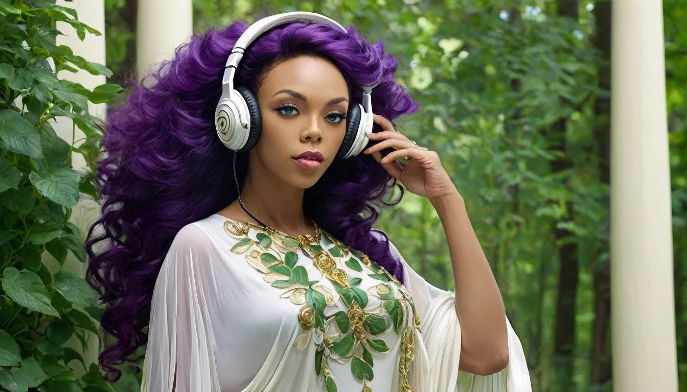 BEAUTIFUL WOMAN, Donna Summer, 25 YEARS OLD, GREEN EYES, FULL BODY IMAGE, WITH HEADPHONES, SMALL, , LISTENING TO MUSIC, LONG PURPLE HAIR, NATURE, FOREST, IVORY HOUSE WITH GOLD, IVORY COLUMN WITH GOLD, SYMBOL OF YOUTUBE