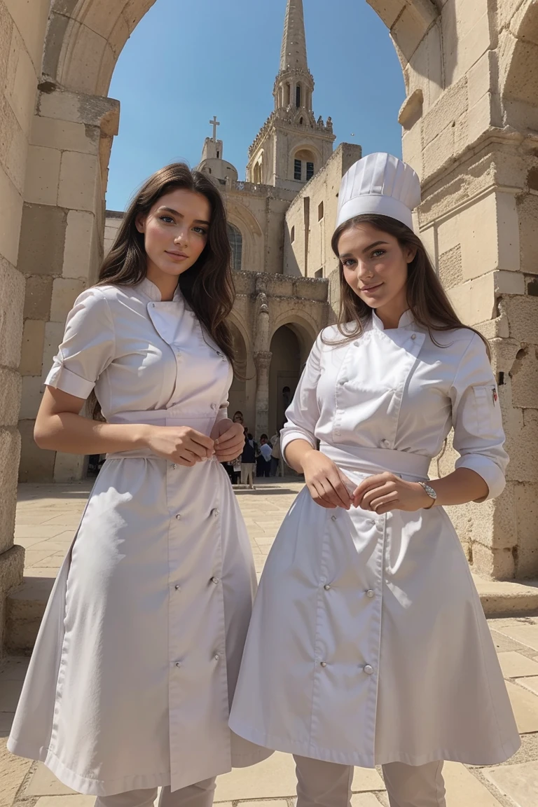 Les mannequins Instagram posent à la cathédrale de carthage, en vêtements chic, tout le corps, beaux yeux détaillés, lèvres magnifiquement détaillées, yeux et visage extrêmement détaillés, court, belle rose Haar ((meilleure qualité)), ((Chef-d'œuvre)), (détaillé), visage parfait, tout le corps, sourire