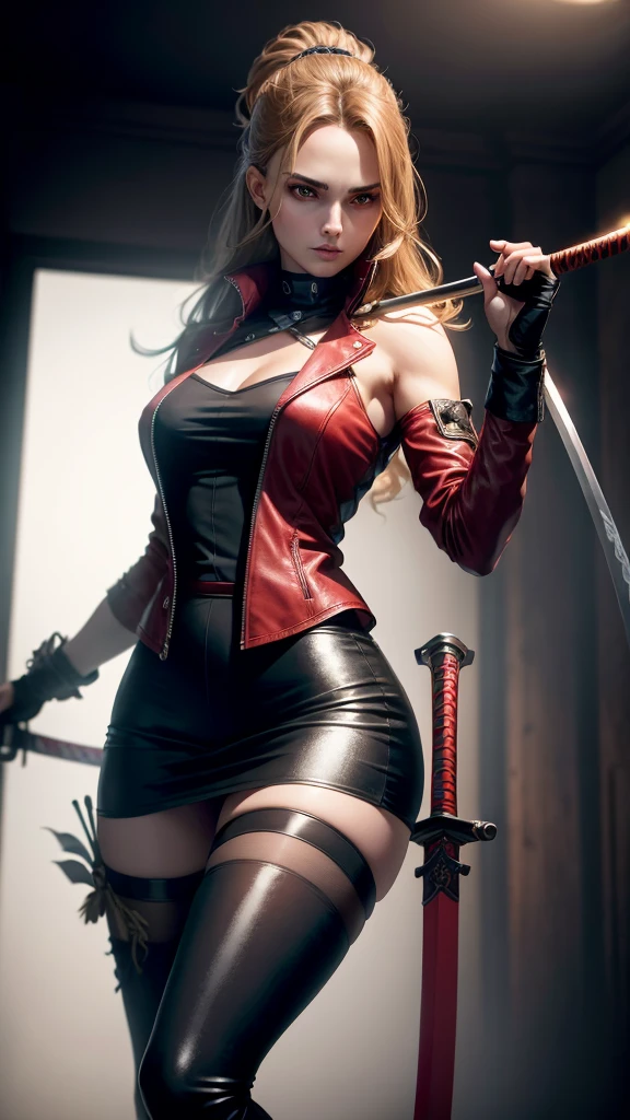 a woman holding a sword in a dark room, 2. 5 d cgi anime fantasy artwork, holding a black katana, stuning fantasy 3 d render, holding katana, unreal engine character art, unsheathing her katana, she is holding a katana sword, yasuke 5 0 0 px models, dramatic wielding katana pose, holding a katana, background color smoked, Red leather jacket. Big thighs.Natalie portman.