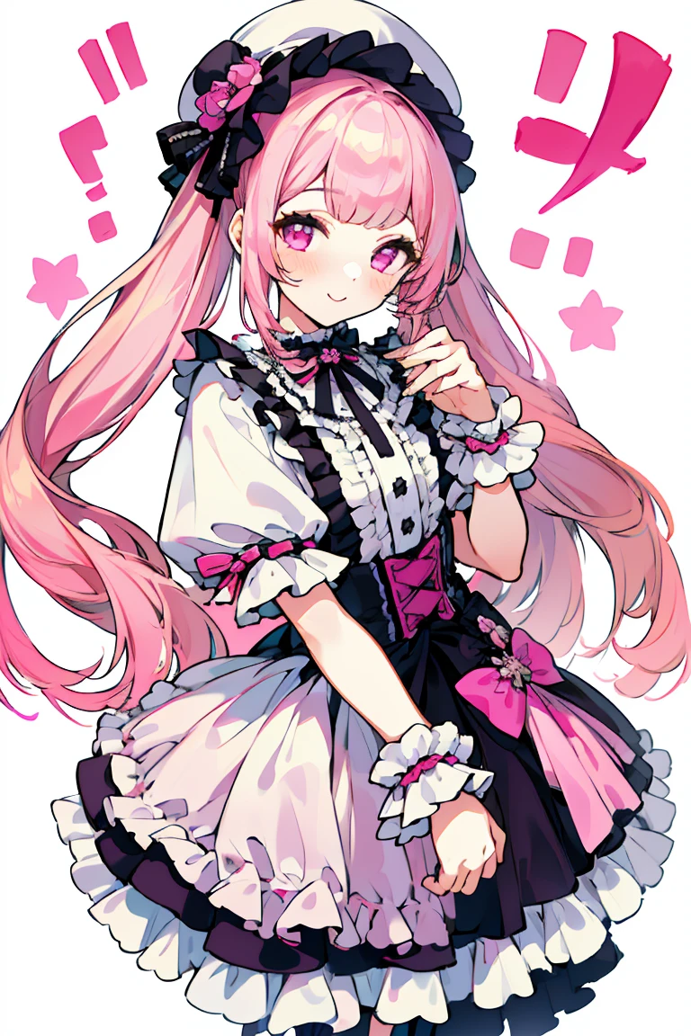 ((1 beautiful girl)), ((alone:1.3)),((bangs)),((Pink beige hair)),((Pink Eyes)), ((Vertically wound roll，Twin tails)),, ((A gentle smile)),((Lolita Fashion:1.3,White shirt:1.2,ribbon),((White Background:1.3)),((Have a look at this)),Frilly clothes，Decorated clothing，cute，Frilled hat，Pink and white theme