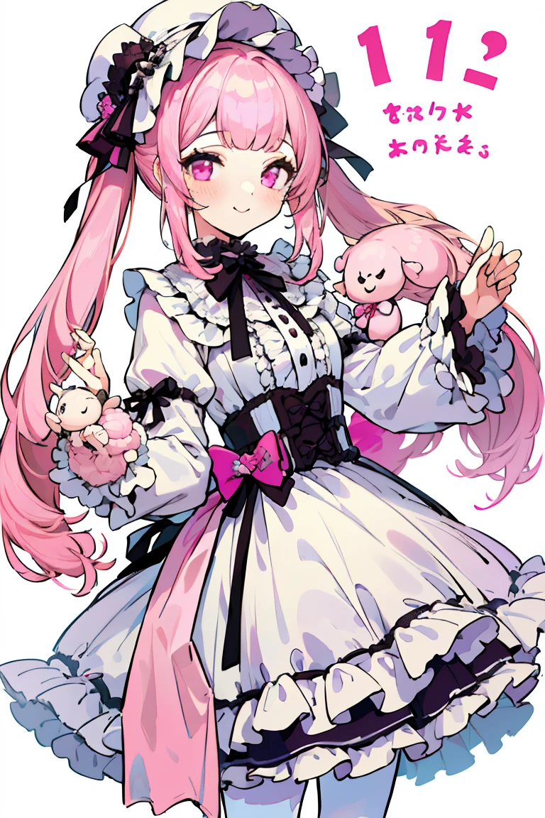 ((1 beautiful girl)), ((alone:1.3)),((bangs)),((Pink beige hair)),((Pink Eyes)), ((Vertically wound roll，Twin tails)),, ((A gentle smile)),((Lolita Fashion:1.3,White shirt:1.2,ribbon),((White Background:1.3)),((Have a look at this)),Frilly clothes，Decorated clothing，cute，Frilled hat，Pink and white theme