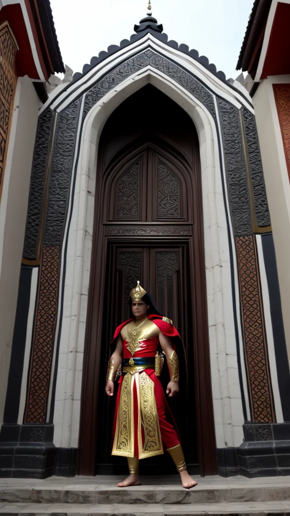 Photorealistic images of Indonesia's Acehnese superheroes, their sleek, Renaissance-inspired costumes, decorated with intricate traditional Acehnese patterns, look majestic against the backdrop of Aceh's Grand Mosque.  The superhero surveys the bustling city of Aceh, his powerful wings shadowing the iconic buildings