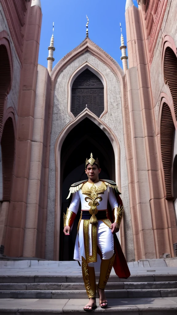 Photorealistic images of Indonesia's Acehnese superheroes, their sleek, Renaissance-inspired costumes, decorated with intricate traditional Acehnese patterns, look majestic against the backdrop of Aceh's Grand Mosque.  The superhero surveys the bustling city of Aceh, his powerful wings shadowing the iconic buildings