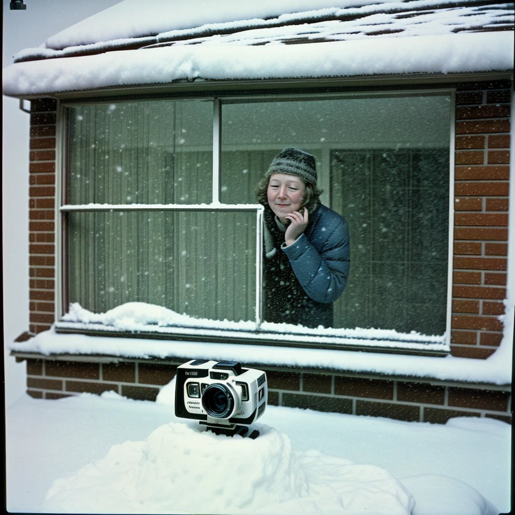 1982 home camcorder still quality, early christmas morning in ohio, sneeking up on wife in shower, snowing outside window