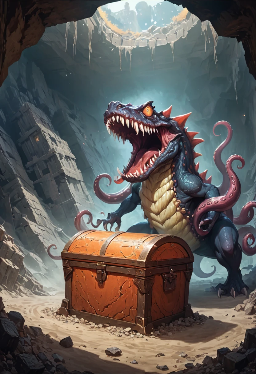 Treasure Box Monster Mimic, D&D, The screen mainly depicts an abandoned mine, a treasure chest covered in dust, with tentacles suddenly protruding from the chest. The background is a narrow mine, full of unknowns and tension, cinematic still, emotional, vignette, dynamic, vivid, (masterpiece, best quality, Professional, perfect composition, very aesthetic, absurdres, ultra-detailed, intricate details:1.3)