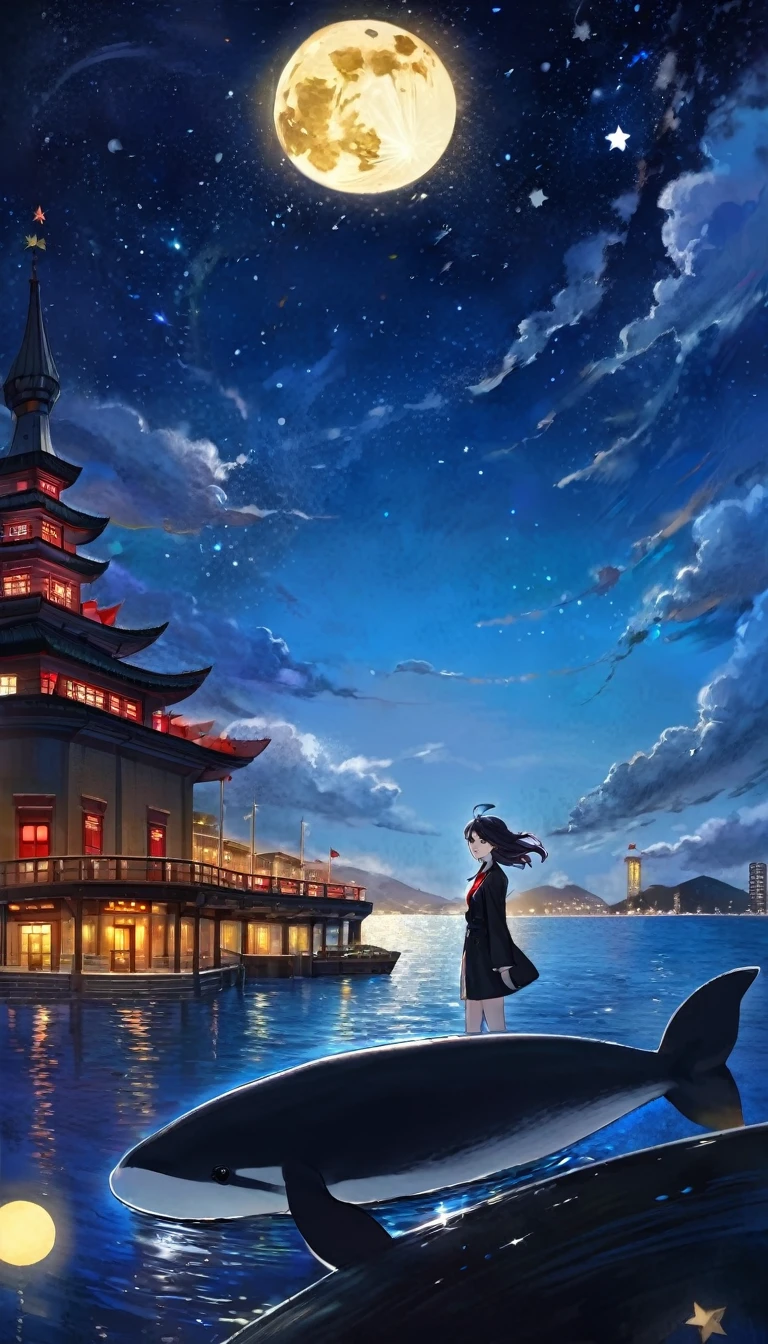 a drawing of an 1killer whale and a 1communist star, magic, fantastic, night sky, moon, stars, background, (art inspired in Skottie Young and Bill Sienkiewicz). oil painting)